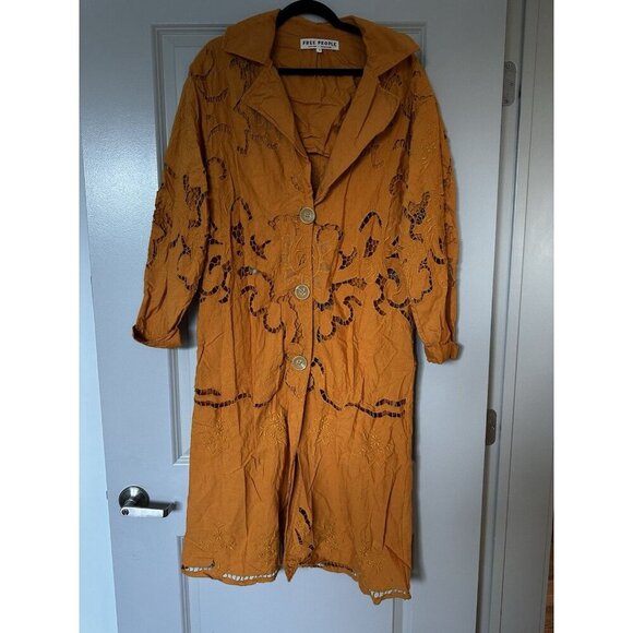Free People Susanna Cutwork Eyelet Lace Longline Duster Jacket Pumpkin Small - Picture 3 of 10